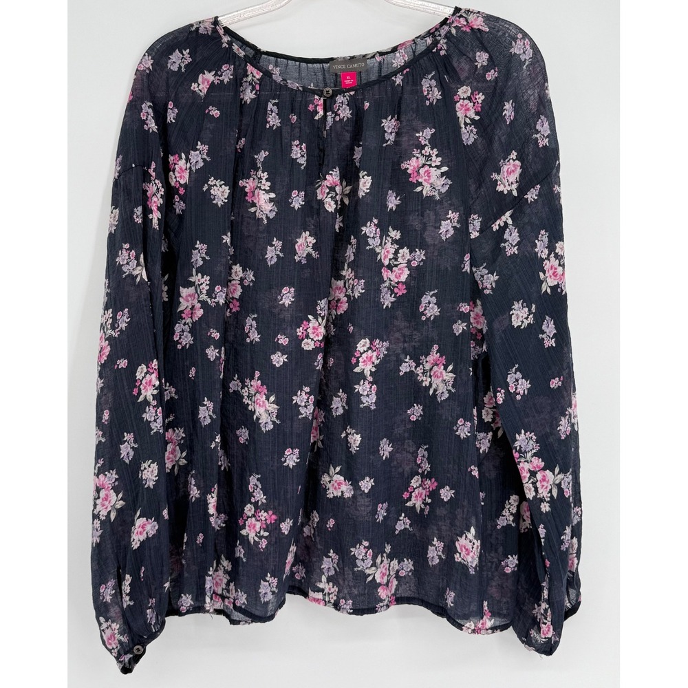 Vince Camuto Navy Blue Floral Long Sleeve Peasant Blouse Pink Purple Boho Sz XL‎